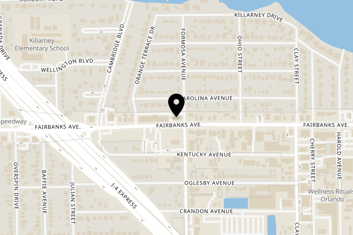 Map showing the location of Hunger Street Tacos on 2103 W Fairbanks Ave in Winter Park